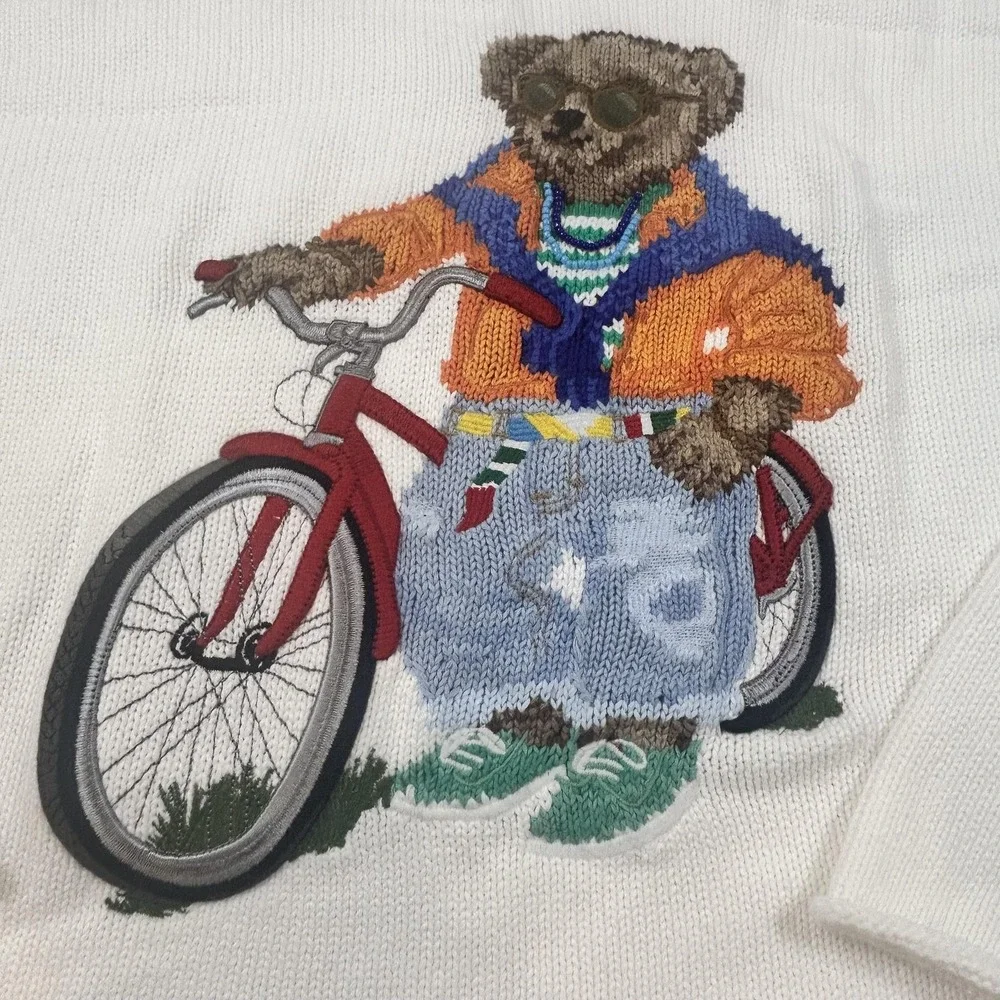 Polo Ralph Lauren Sweater Mens XL White Bear Bicycle Pullover Knit Cotton *SPOT*
